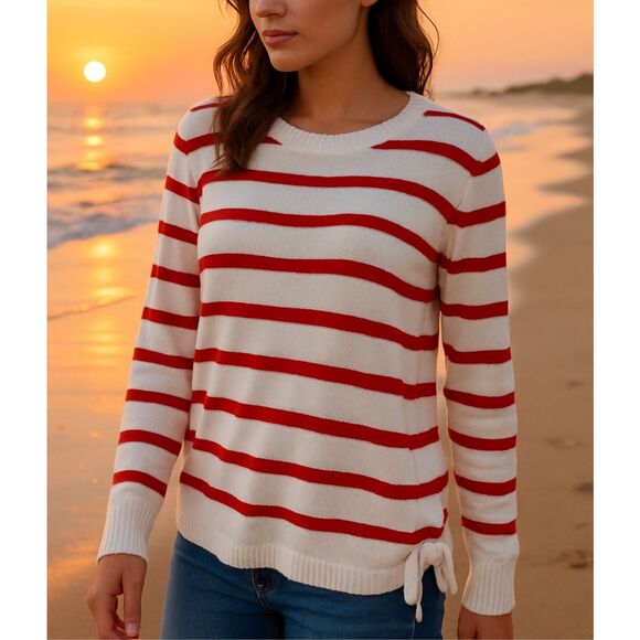 Liz Claiborne 100% Cotton Breathable Knit Striped Tie Sides Long Sleeve Pullover - Picture 2 of 6
